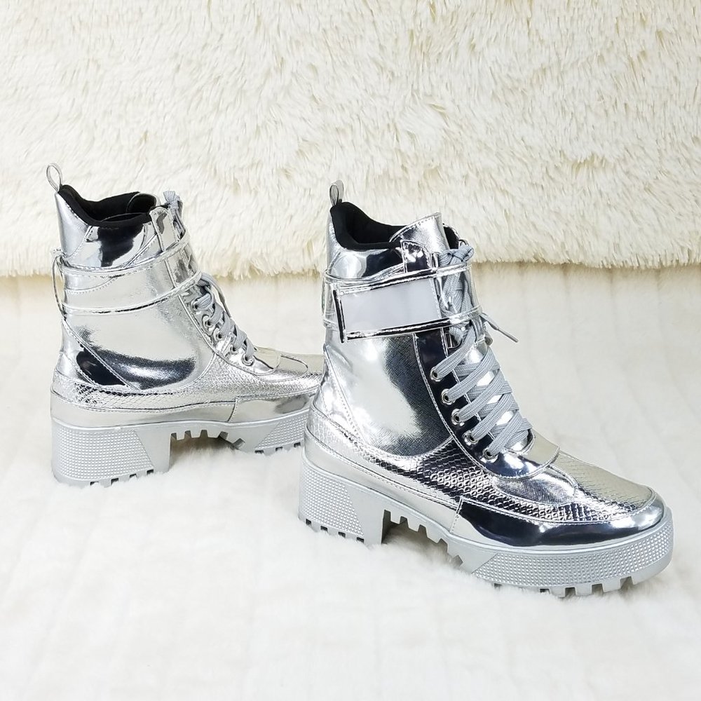Silver Lug Sole Combat Ankle boots Lynn Size 5.5 US - Picture 11 of 11